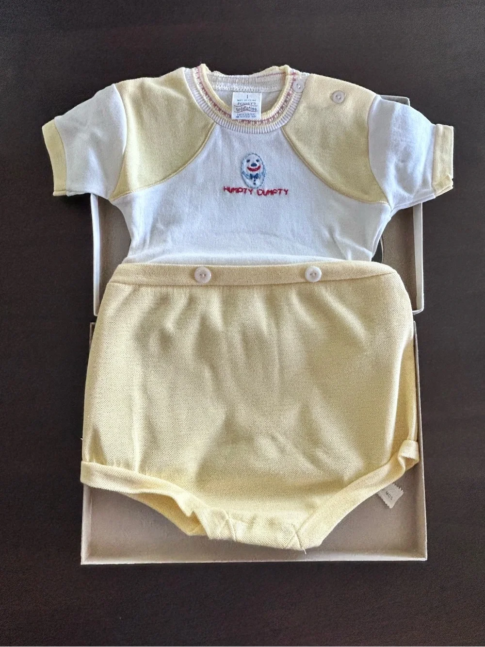 VTG Humpty Dumpty Baby Bodysuit White Pale Yellow 12 mo Penney’s Toddletime 70s
